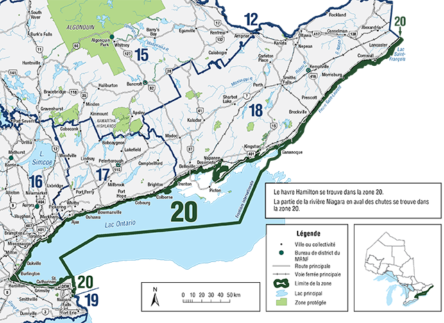 La zone 20 se compose du lac Ontario, y compris la baie de Quinte, la partie supérieure de la rivière Niagara, le port d’Hamilton et le fleuve Saint-Laurent.