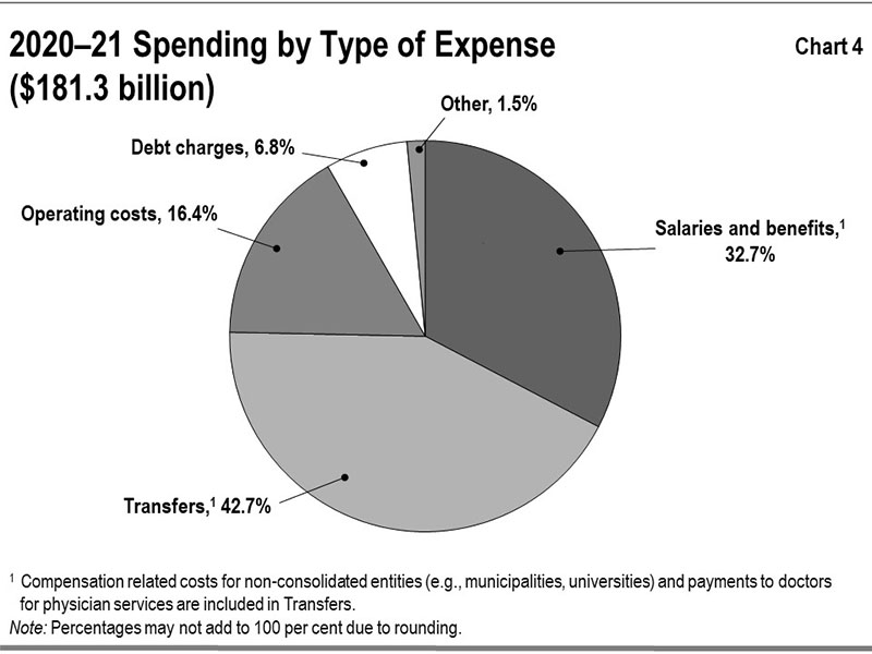 Chart 4: 2020–21 Spending by Type of Expense
This chart shows the percentage composition of Ontario’s total expenses in 2020–21 by type of expense. Total expense is $181.3 billion.
Transfers account for 42.7 per cent. Salaries and benefits account for 32.7 per cent. Operating costs account for 16.4 per cent. Debt charges account for 6.8 per cent. Other expenses account for 1.5 per cent.
Notes: Compensation related costs for non-consolidated entities (e.g., municipalities, universities) and payments to doctors for physician services are included in Transfers. Percentages may not add to 100 per cent due to rounding.
