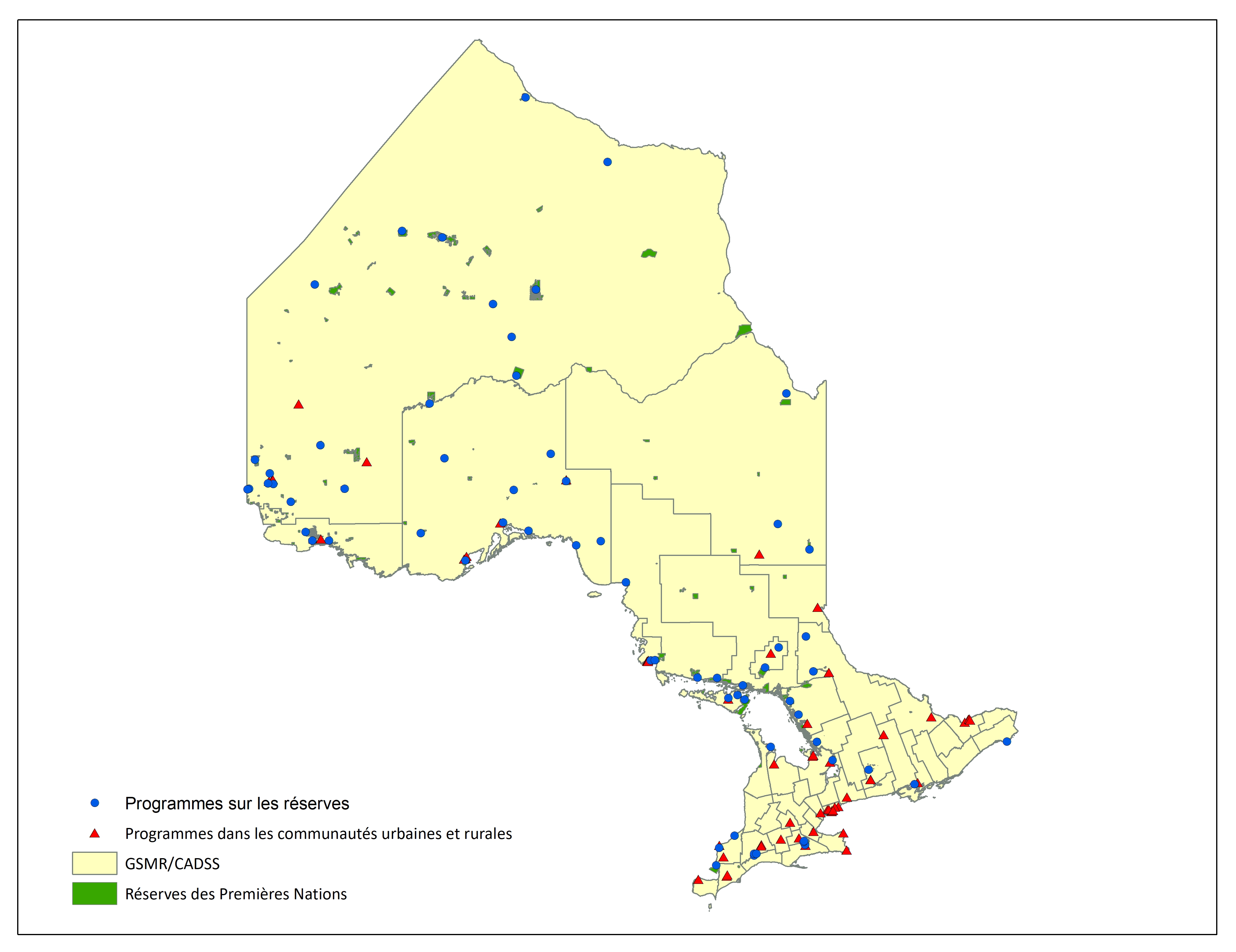 Carte de l'Ontario montrant les emplacements des services de garde d'enfants et programmes pour l’enfant et la famille des Premières Nations sur les réserves et dans les communautés urbaines et rurales.
