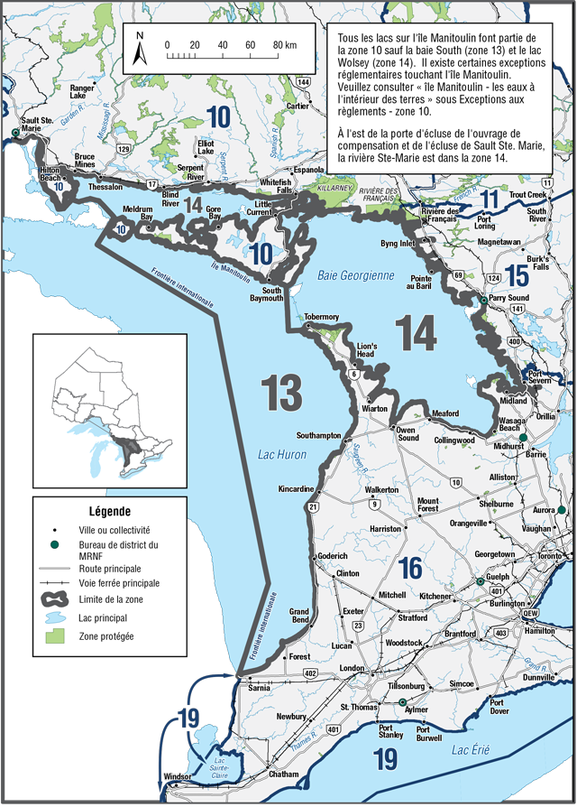 La zone 13 se compose du bassin principal du lac Huron tandis que la zone 14 se compose de la baie Georgienne et du chenal North.
