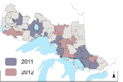 A map showing forest management unites audited in 2011 and 2012