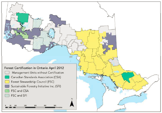 A map showing forest certifications in central Ontario.