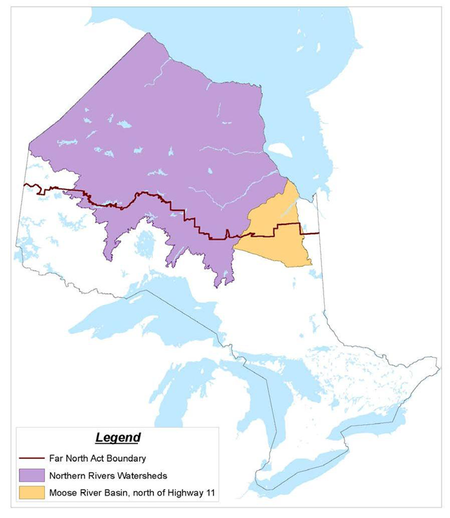Ontario map showing Moose River Basin and Northern Rivers Watersheds