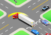 Diagram illustrates how to make left turns correctly with a wide arc.