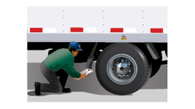 This illustration depicts a licensed motor vehicle inspection mechanic checking a truck for compliance with performance standards.