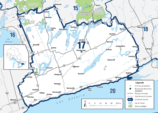 La zone 17 est située dans le Sud de l’Ontario et comprend des réseaux de cours d’eau comme Trent-Severn, les lacs Kawartha et la rivière Crowe.