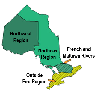 The Northwest Region is north and west of Sault Saint Marie, the east region is east of Sault Saint Marie, areas south of Owen Sound and Ottawa are outside the fire region.