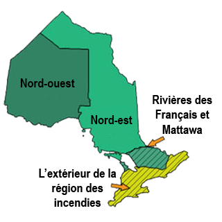La région nord-ouest se trouve au nord et à l’ouest de Sault-Sainte-Marie. La région est se trouve à l’est de Sault-Sainte-Marie. Les territoires au sud d’Owen Sound et d’Ottawa sont à l’extérieur de la région d’incendies.