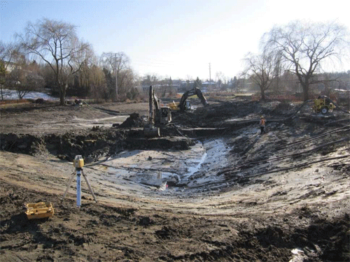 Excavation of the main cell of the stormwater management pond at George Richardson Park