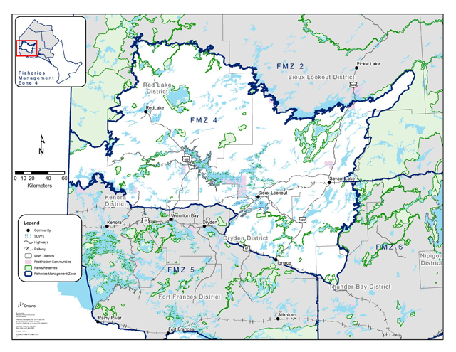 A map of Fisheries Management Zone 4 boundaries showing Specially Designated Waterbodies