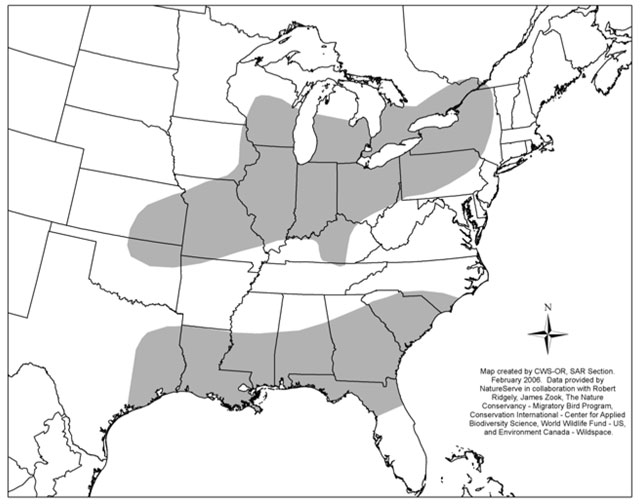 Figure 1 presents the North American distribution of the Henslow’s Sparrow. The species is present in two distinct areas: one mainly in the southeastern United States and the other in the northeastern United States. The latter also encompasses southern Ontario.
