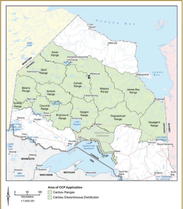This map of Northern Ontario depicts the caribou ranges within the area of Caribou Conservation Plan application. The Continuous Distribution is coloured green and the Discontinuous Distribution also coloured green with green diagonal lines through it.
