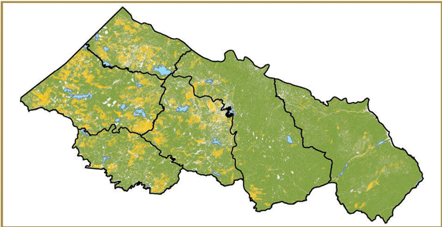 This figure depicts the Land Cover classes assigned to winter or refuge habitat (green) or young forest (yellow) areas based on habitat models for ranges in the Far North of Ontario.