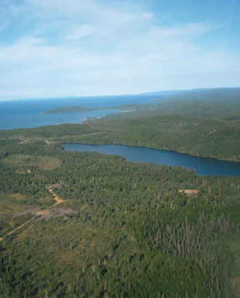 Colour aerial photo of Michipicoten Harbour, Wawa. Photo credit: Ministry of Natural Resources (MNR).