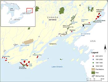 map that shows the distribution of Pugnose Shiner in southeastern Ontario near Lake Ontario.