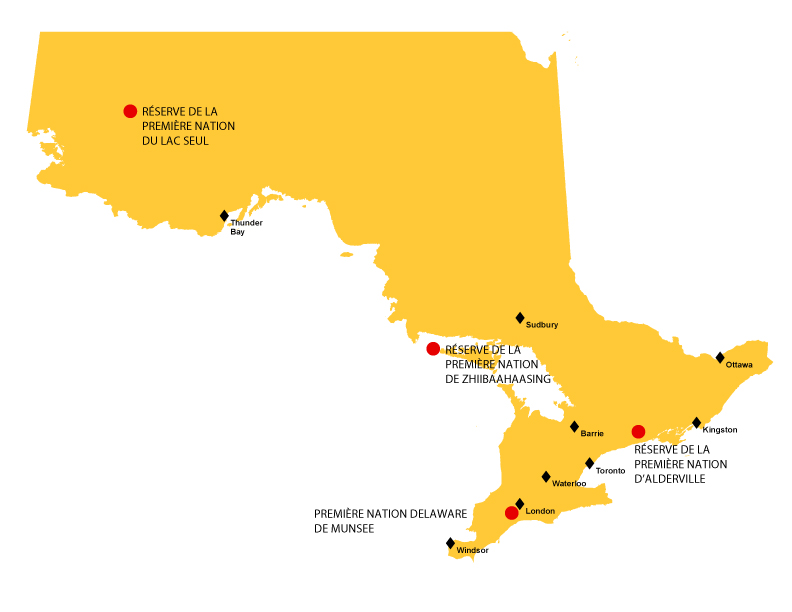 Carte de l’Ontario représentant la réserve indienne Lac Seul, la réserve indienne Zhiibaahaasing et la réserve de la Alderville First Nation et de la Munsee-Delaware Nation.