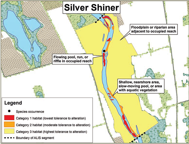 Diagram illustrating a sample application of the general habitat protection for Silver Shiner, depicting the habitat categorization described in this document.