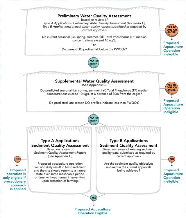 This image is a summary of the review process to determine the potential impacts of Type A and Type B applications on water and sediment quality