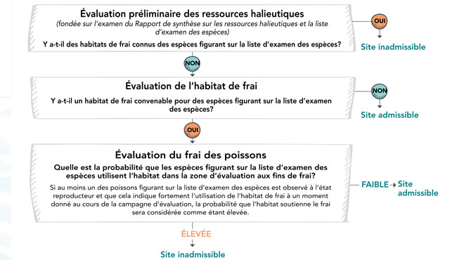 Cette figure montre le processus d’examen qui est utilisé pour déterminer les répercussions potentielles des demandes de type A et de type B sur le poisson et l’habitat du poisson