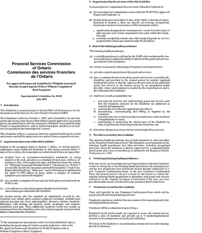 Title: Pre-approved Framework Guideline for Whiplash Associated Disorder Grade I Injuries With or Without Complaint of Back Symptom: Superintendent’s Guideline No. 01/03 - Description: Photocopy of Pre-approved Framework Guideline for Whiplash Associated Disorder Grade I Injuries With or Without Complaint of Back Symptom: Superintendent’s Guideline No. 01/03