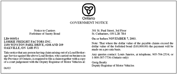 Title: Ontario Government Notice - Description: Image of a Notice to Carriers, Forfeiture of Surety Bond.