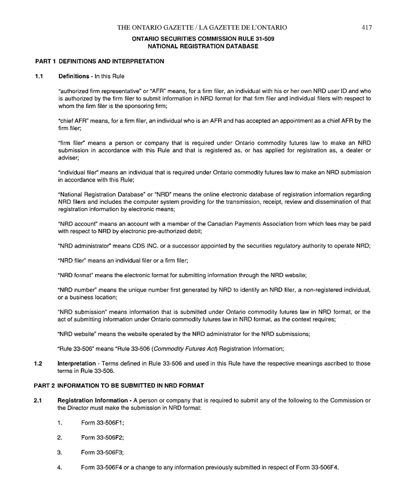 Title: Ontario Securities Commission Rule 31-509 Page 1 - Description: Image of Rule 31-509, National Registration Database, Part 1 Definitions and Interpretation and Part 2 Information to be submitted in NRD format.
