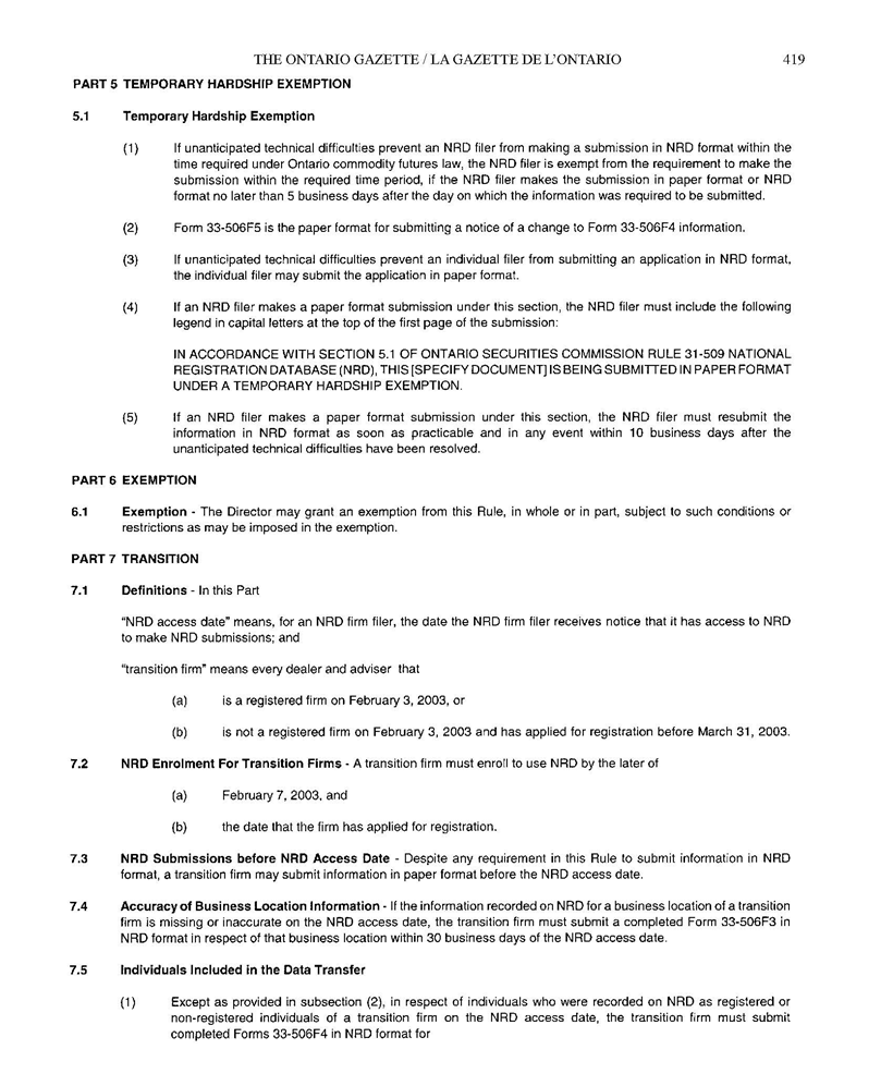 Title: Ontario Securities Commission Rule 31-509 Page 3 - Description: Image of Rule 31-509, National Registration Database, Part 7 Transition (cont.)