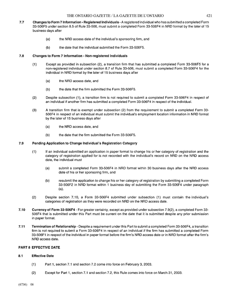 Title: Ontario Securities Commission Rule 31-509 Page 5 - Description: Image of Rule 31-509, National Registration Database, Part 7 Transition (cont.) and Part 8 Effective Date