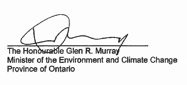 Signature of The Honourable Jim Bradley, Minister of the Environment and Climate Change, Province of Ontario