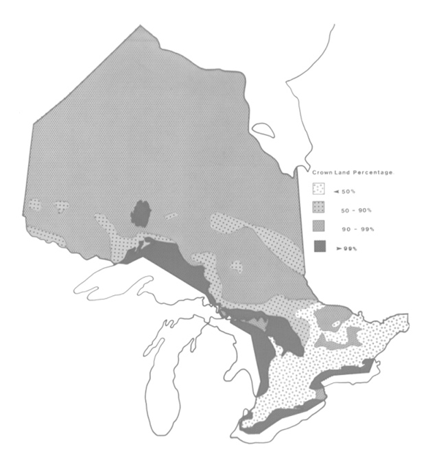 This is a map of Ontario that depicts the percentage of Crown Land.