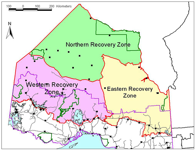 This is figure 4 map indicating the three sections of the proposed Ontario Wolverine recovery zones. These zones are the western recovery zone, the Northern recovery zone, and the Eastern recovery zone,
