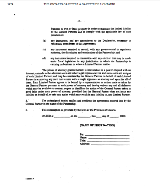 Title: Schedule k OFN limited partnership agreement - Description: A photocopied image of the OFN limited partnership agreement signatory page