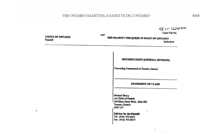Title: Schedule N Statement of Claim - Description: A photoccopied image of an Ontario court ( general division) Statement of Claim betwen Chiefs of Ontario and the Majesty the Queen in Right of Ontario 
