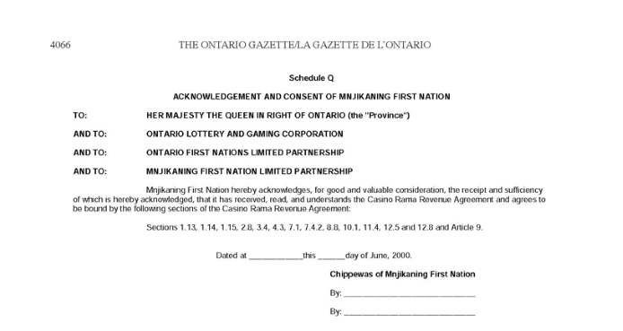 Title: Schedule Q Acknowledgement and Consent of Mnjikaning First Nation - Description: A photocopied image of Schedule Q Acknowledgement and Consent of Mnjikaning First Nation 