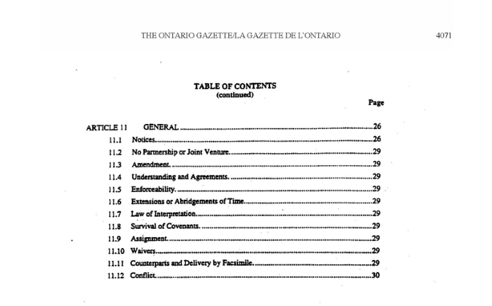 Title: Schedule R Protocol Agreement - Description: A photocopied image of the Protocol Agreement Table of contents