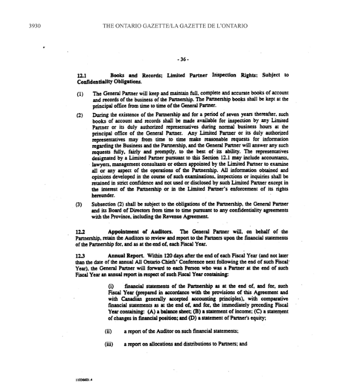Title: Schedule k OFN limited partnership agreement - Description: A photocopied image of the OFN limited partnership agreement
