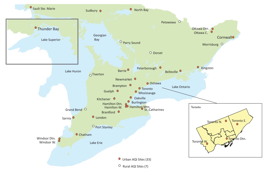 A map of Air Quality Index Monitoring Sites across Ontario in 2012.