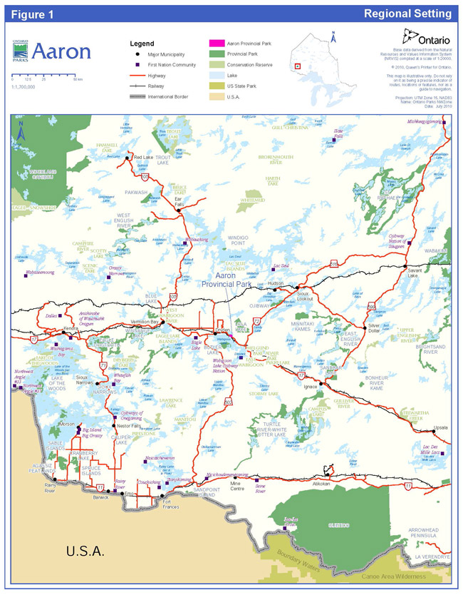 Map of Aaron Provincial Park in relation to surrounding region