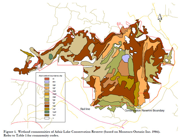 Map showing Wetland Communities of Adair Lake Conservation Reserve that indicates different communities through use of colour and colour codes.