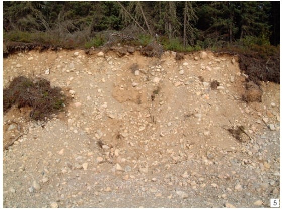 Photo of Unsorted, rounded to angular boulders in unbedded gravel and sand