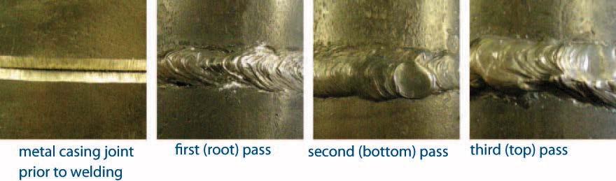 Series of 4 pictures showing a steel casing welding using three passes. The first picture is the metal casing joint prior to welding. The Second picture is the first (root) welding pass. The Third picture is the second (bottom) welding pass and the fourth picture is the third (top) welding pass.