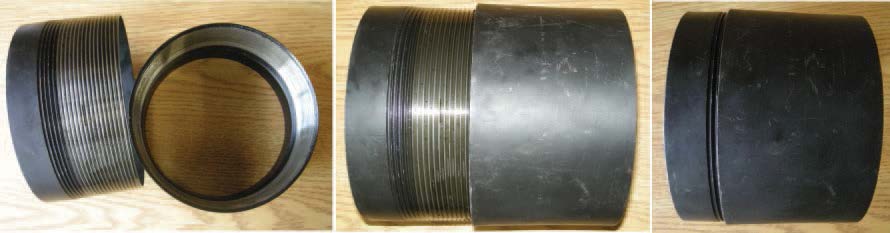 Series of 3 pictures of steel casing pipe being threaded