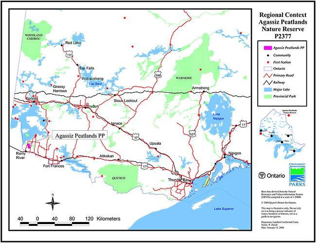 This is a regional context map of Agassiz Peatlands Nature Reserve.