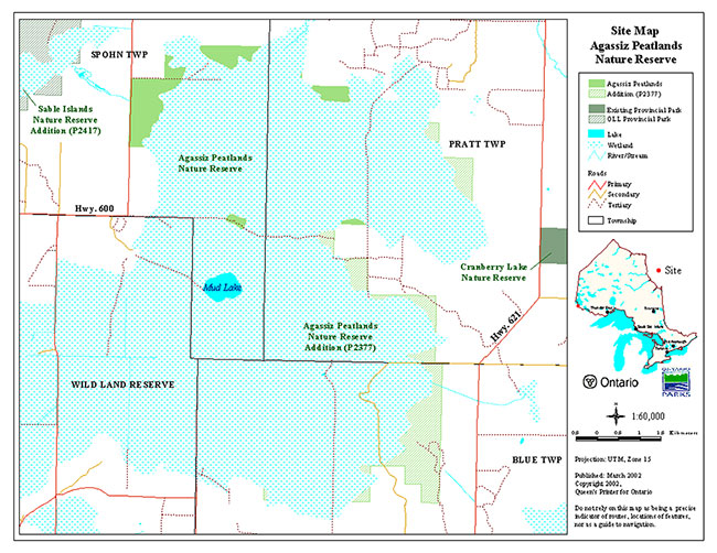 This is a site map of Agassiz Peatlands Nature Reserve.