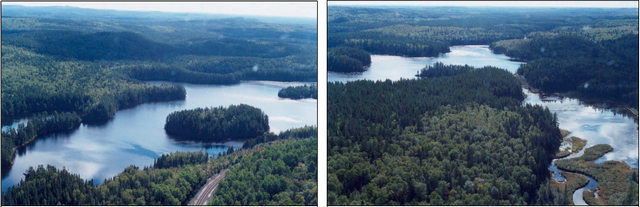 Image of two photographs, the left photo shows water along side the railway tracks on the eastern boundary of the conservation reserve, the right shows an aerial view of Akonesi Lake