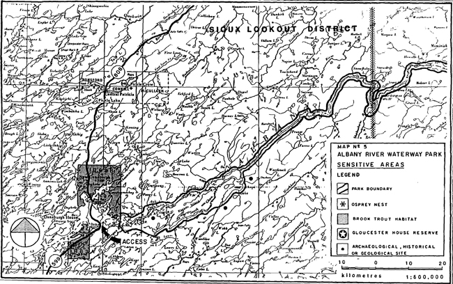 First map of Albany River Waterway Park showing sensitive areas in Sioux Lookout District