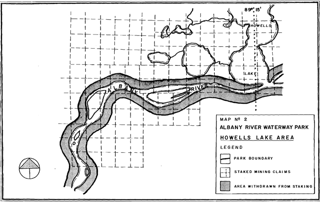Map of Albany River Waterway Park showing park boundary, staked mining claims and areas withdrawn from staking of Howells Lake Area