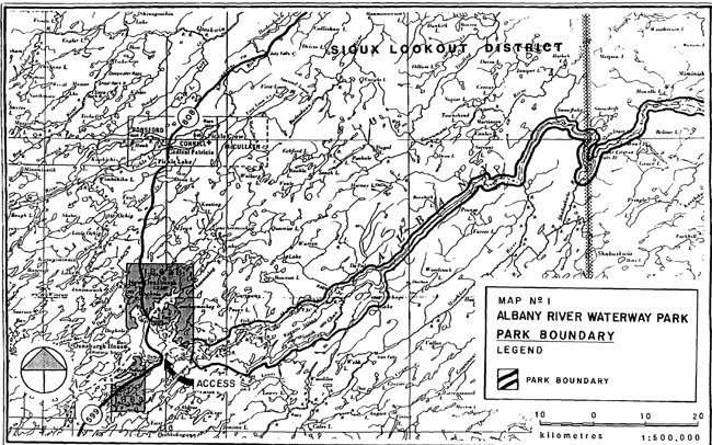 First map of Albany River Waterway Park Park showing park boundaries in Sioux Lookout District