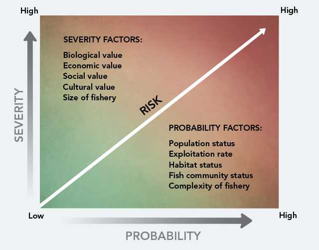diagram showing probability status on the horizontal axis and severity on the vertical axis, both ranging from high to low, to determine the risk to a fishery.