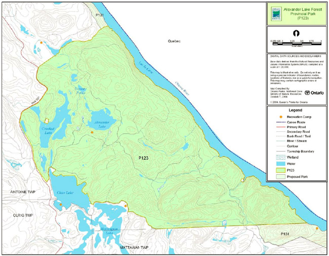 Map showing the park boundaries of Alexander Lake Forest Provincal Park